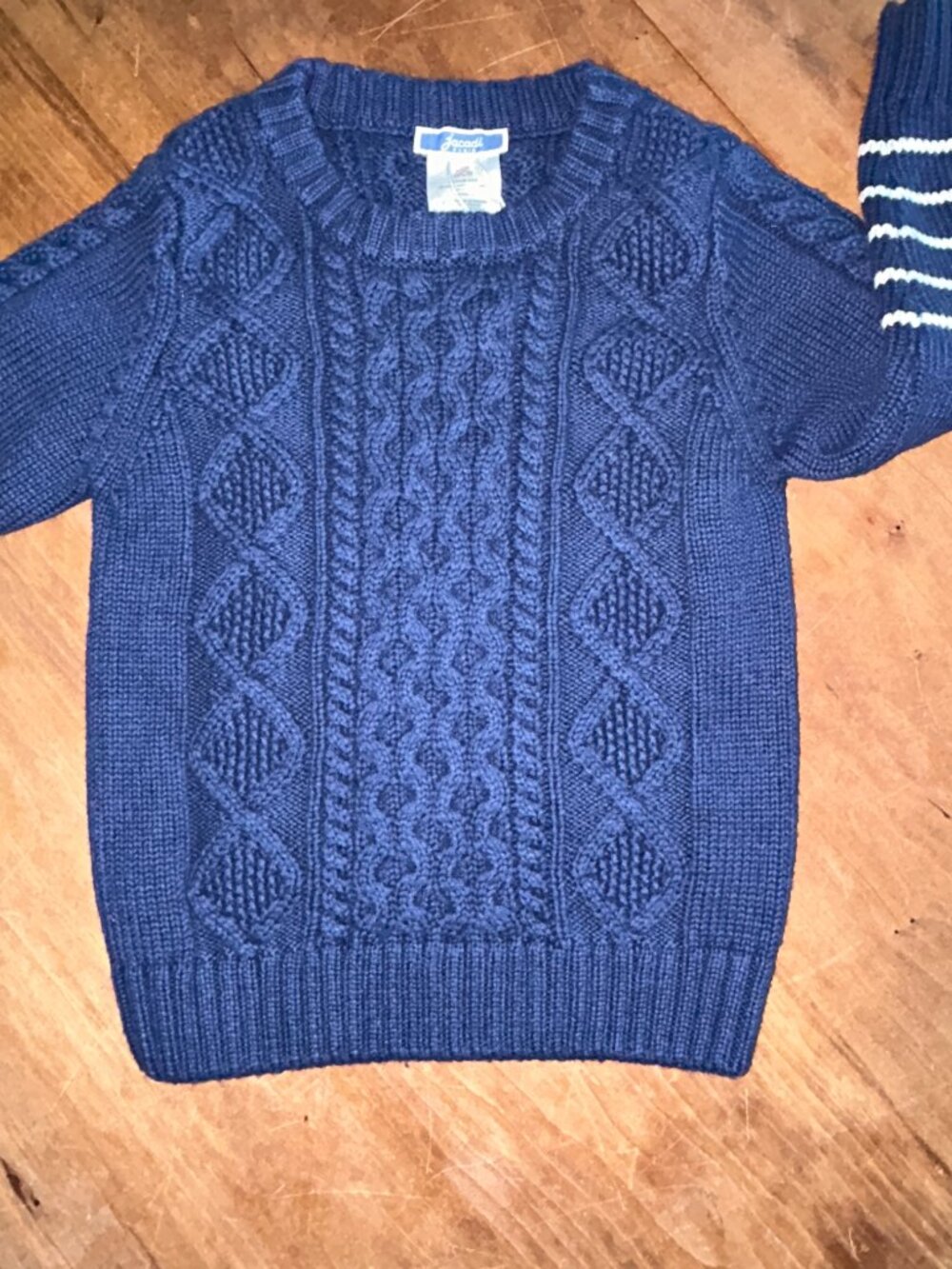 Jacadi Paris Boys Cable Knit Sweater 3Y Slate Blue with striped sleeve, NWT - Picture 3 of 4
